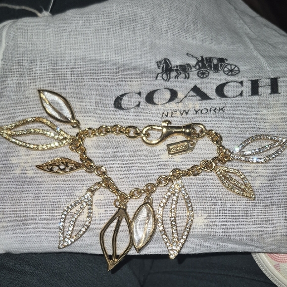 Coach Gold Leaf Charm Bracelet with Crystal Accents EUC - Picture 2 of 4